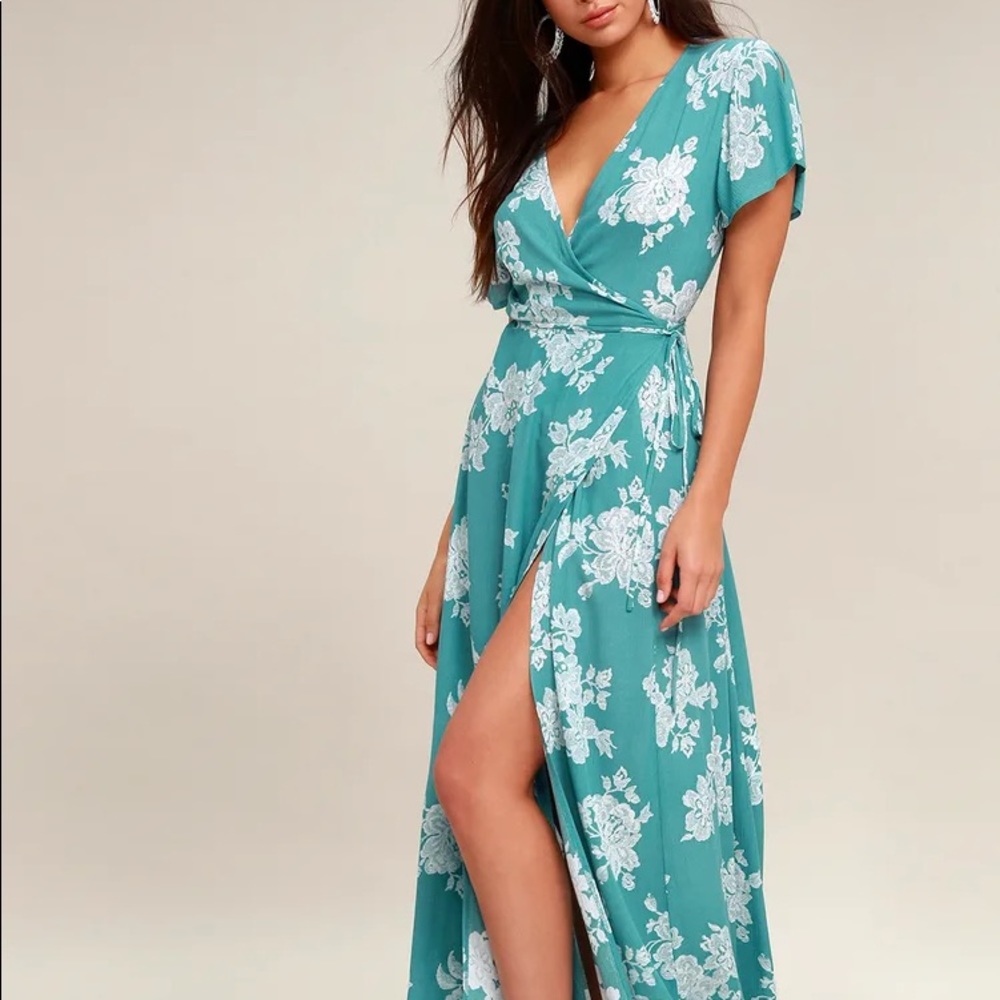LULUS - Turquoise Floral Print Wrap Maxi Dress